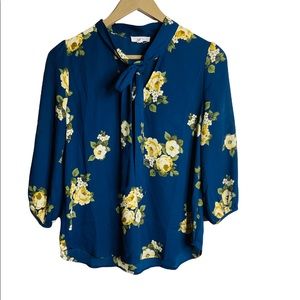 E Hanger M by Anthropologie Blouse Top Navy w Yellow floral